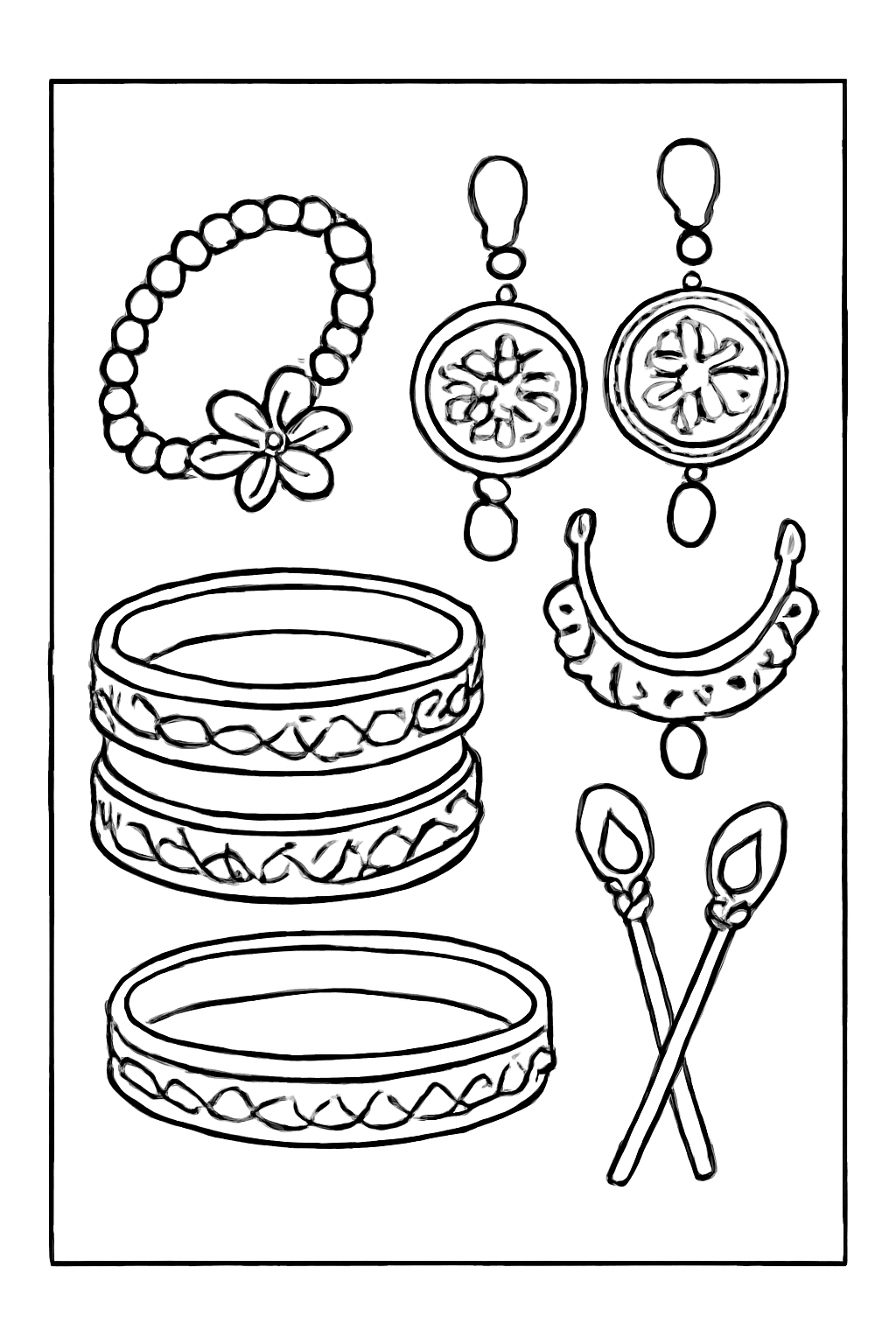 Free printable Navratri bangles and accessories arranged prettily coloring page for kids