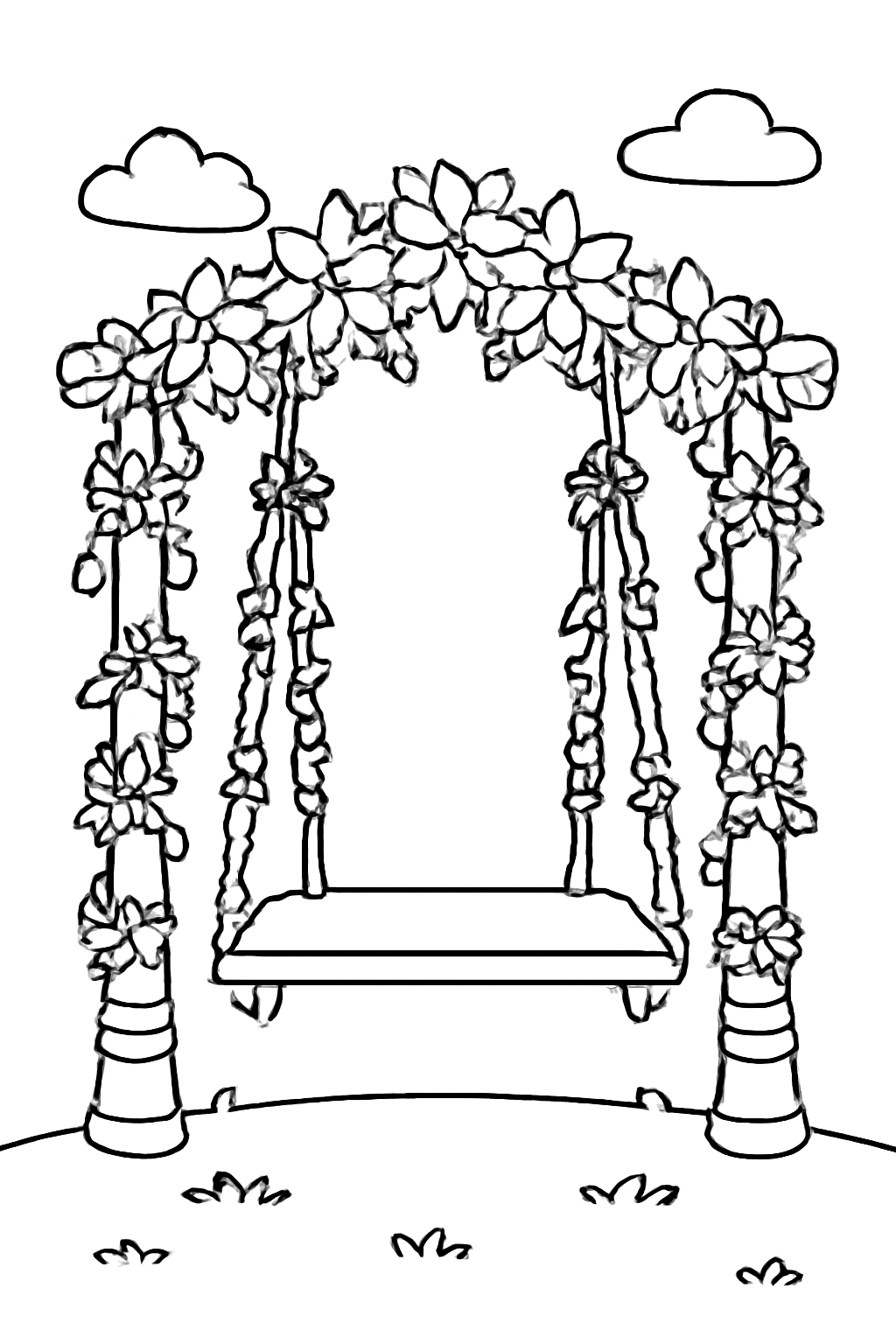 Free printable Navratri swings decorated with flowers coloring page for kids