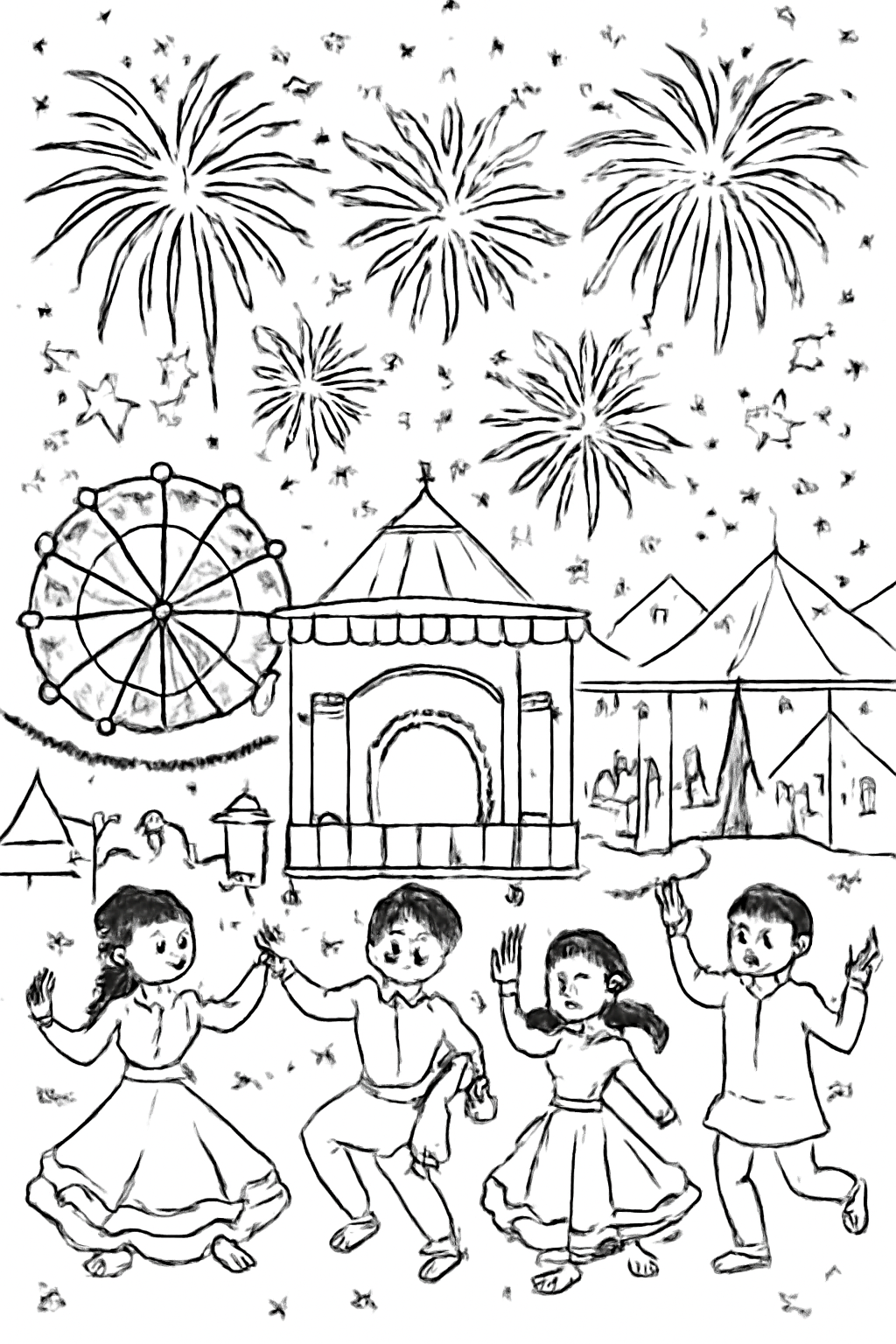 Free printable fireworks over a Navratri festival ground coloring page for kids