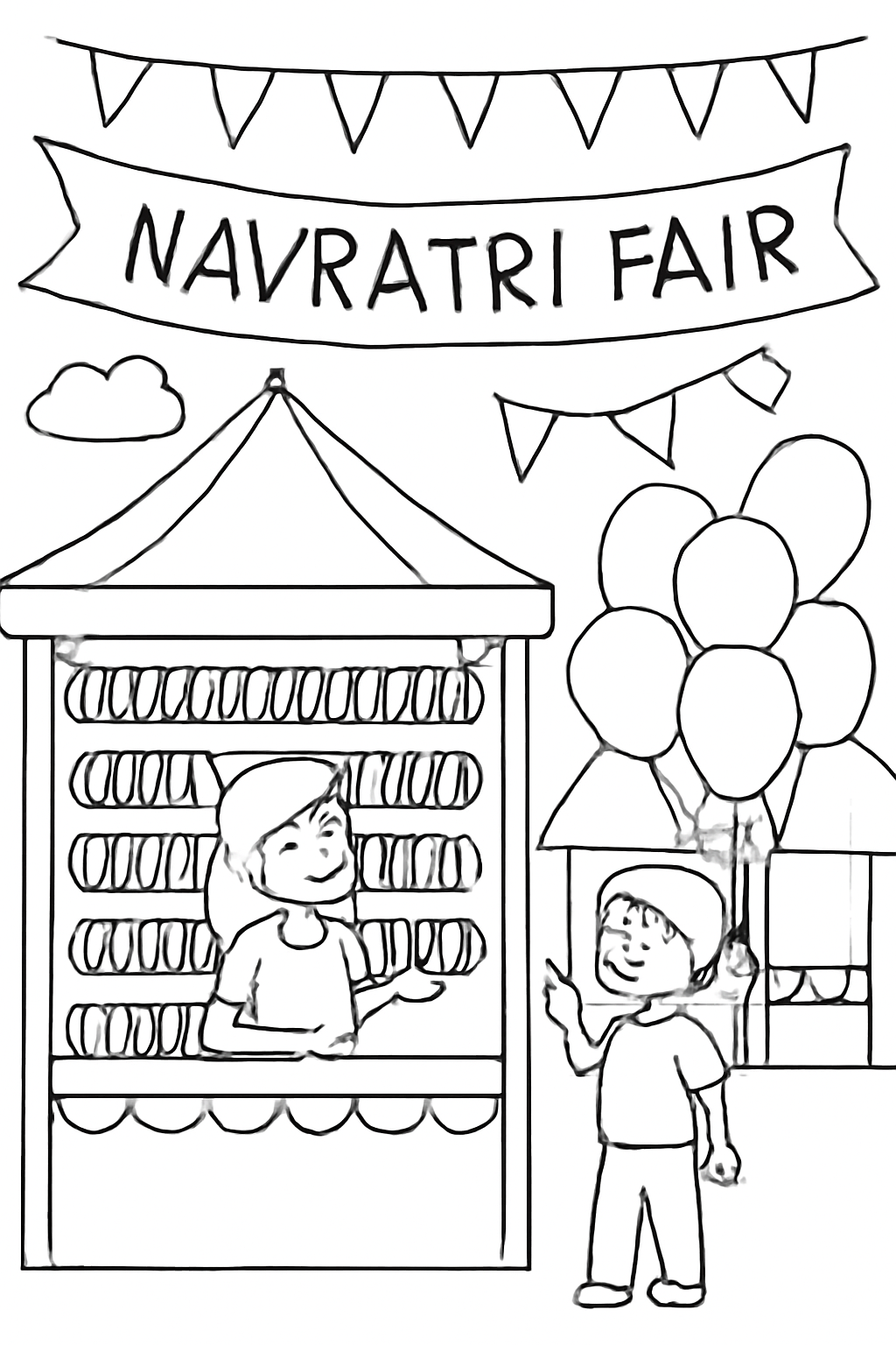 Free printable Navratri fair with bangle stalls and balloons coloring page for kids