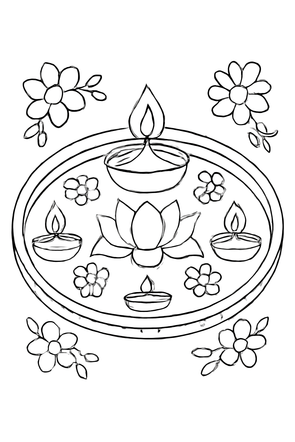 Free printable Navratri arti plate with flowers and small lamps coloring page for kids