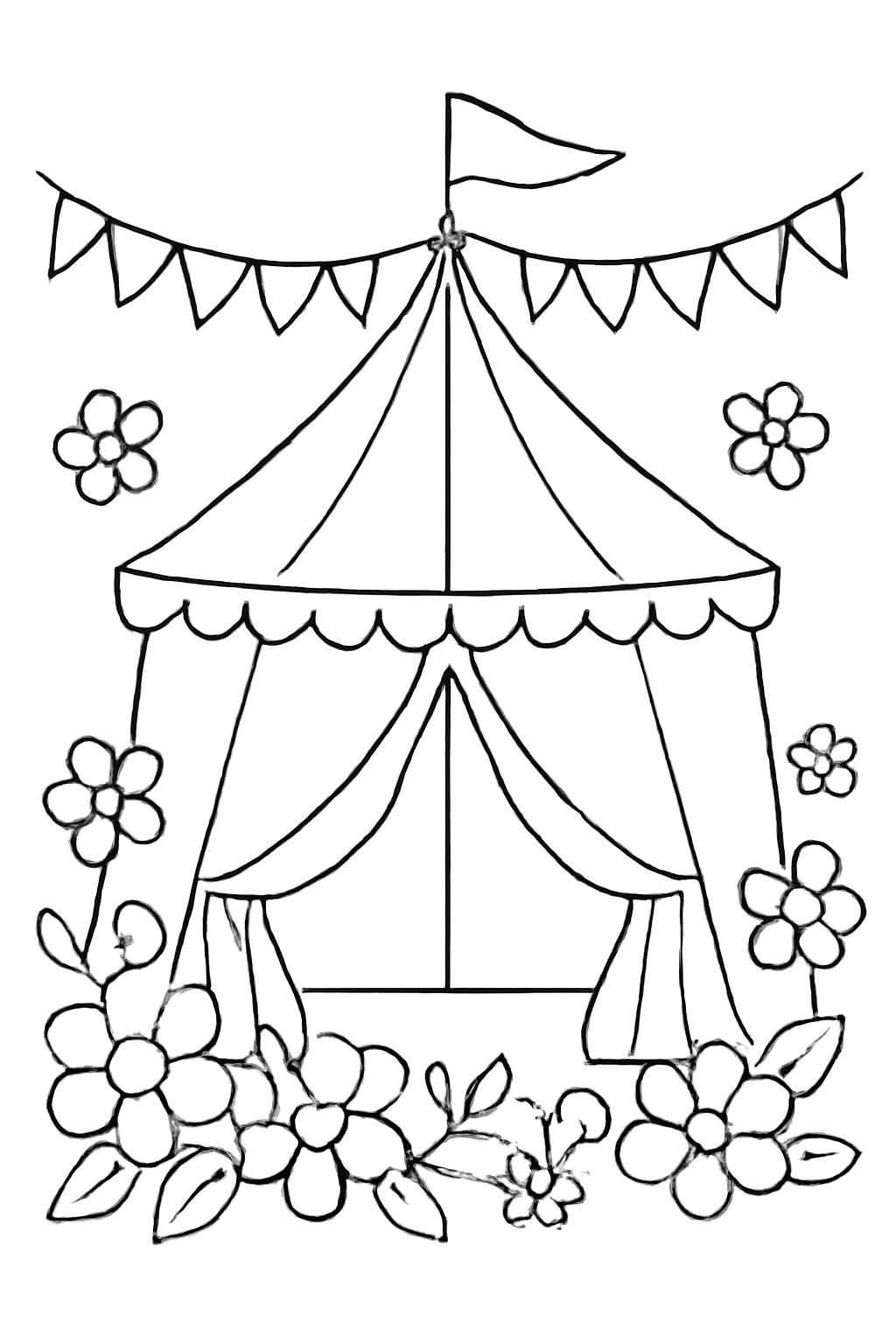 Free printable Navratri festival tent with flags and flowers coloring page for kids