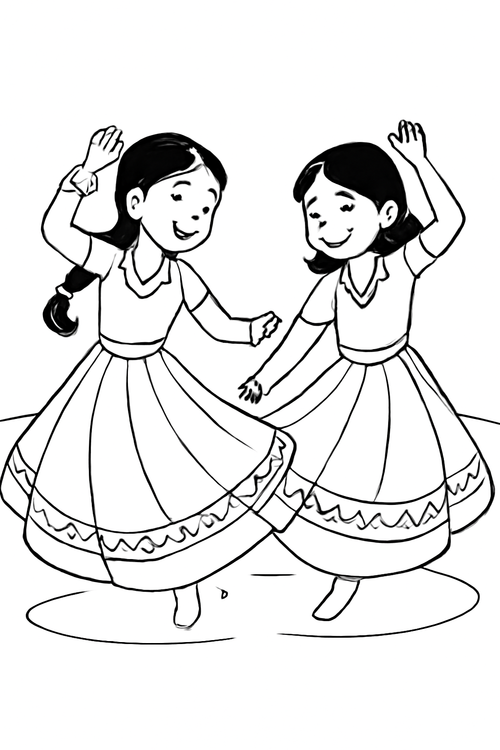 Free printable girls twirling in mirrored dresses for Navratri garba coloring page for kids
