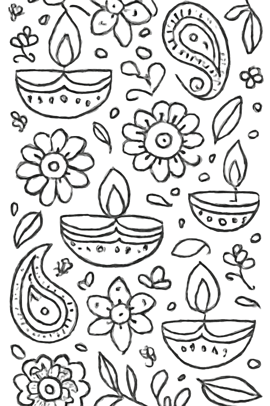 Free printable Navratri pattern of diyas flowers and paisleys coloring page for kids