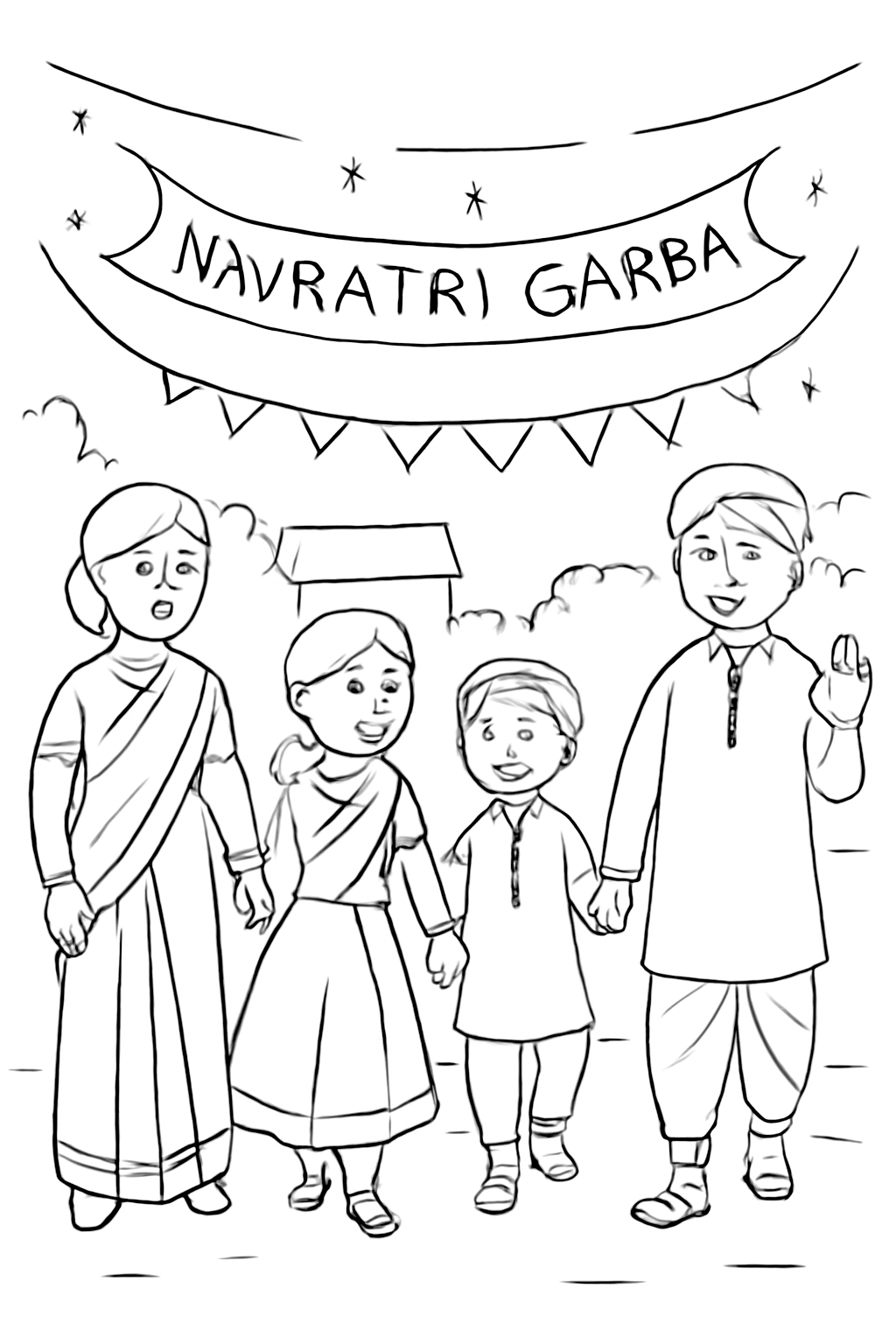 Free printable family dressed up walking to Navratri garba night coloring page for kids
