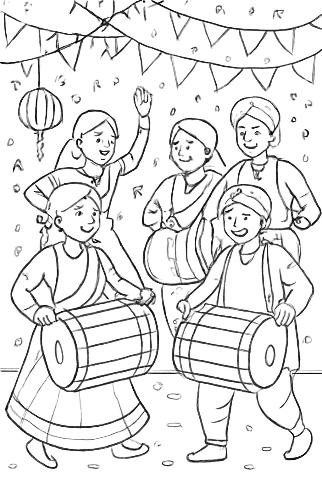 Free printable Navratri drummers with dhol at a festival coloring page for kids