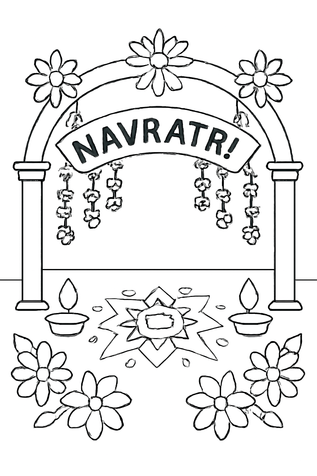 Free printable Navratri festival entrance with flowers diyas and geometric rangoli coloring page