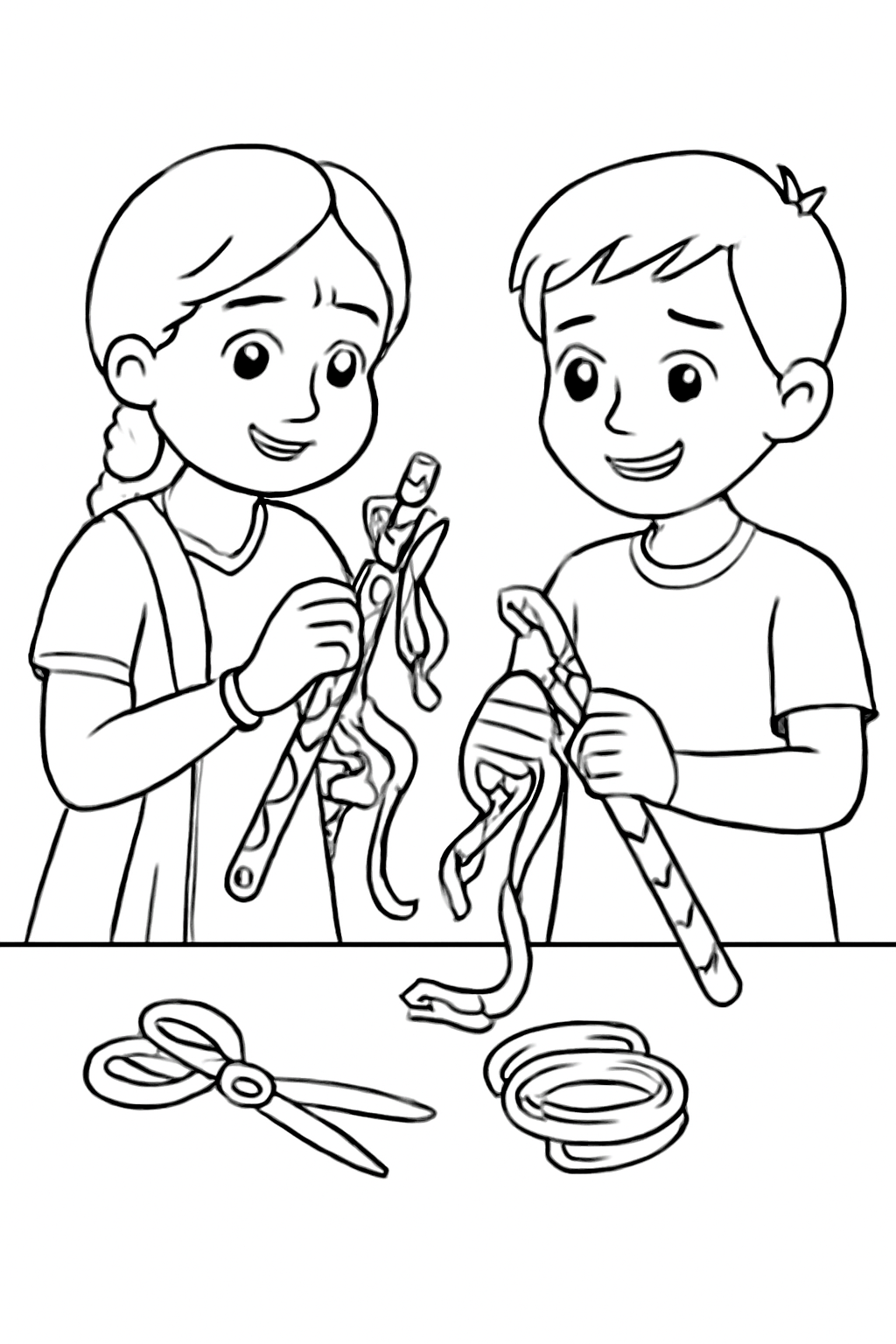 Free printable children decorating dandiya sticks with ribbons for Navratri coloring page for kids