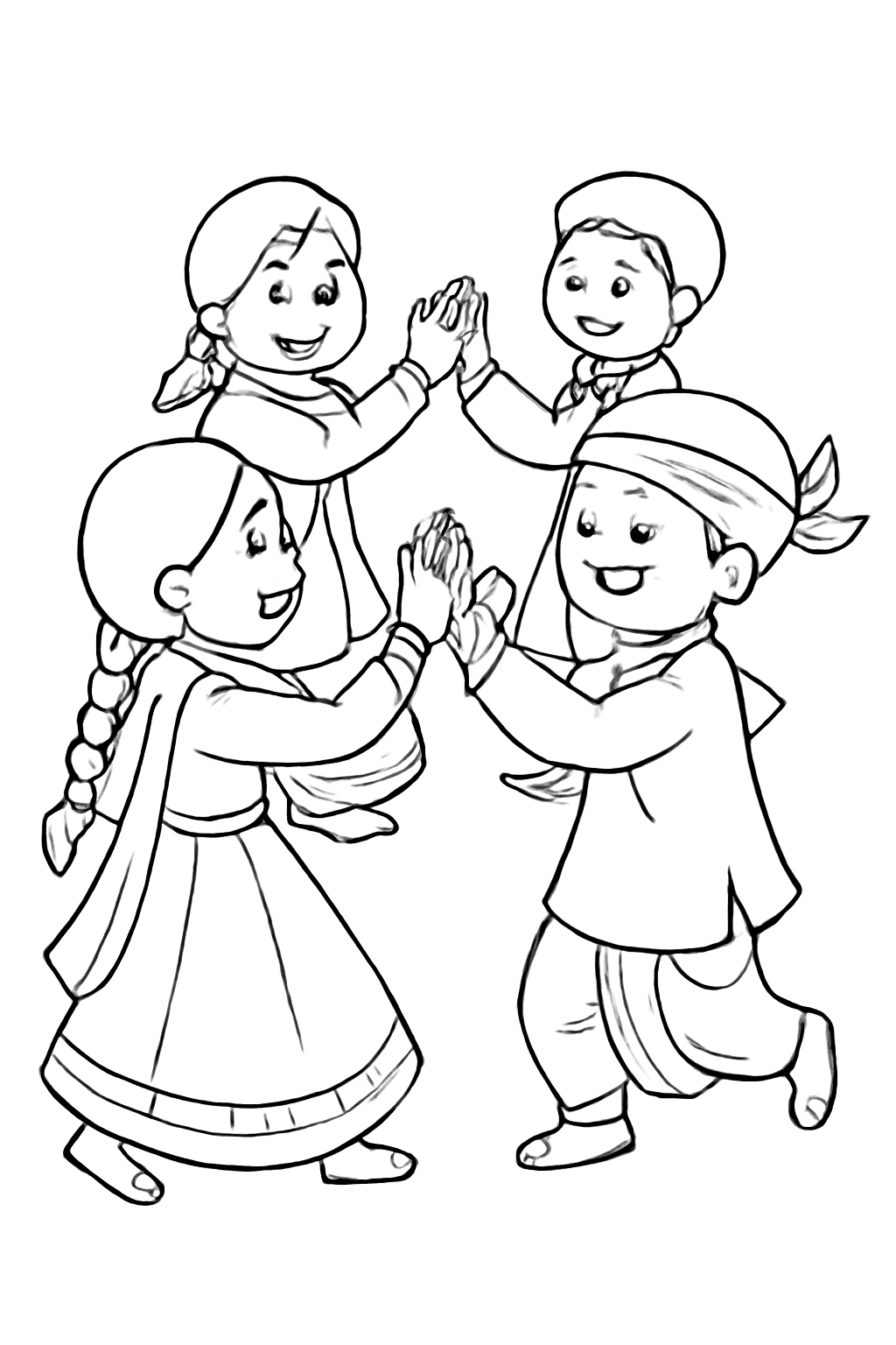 Free printable children clapping in a Navratri dance circle coloring page for kids