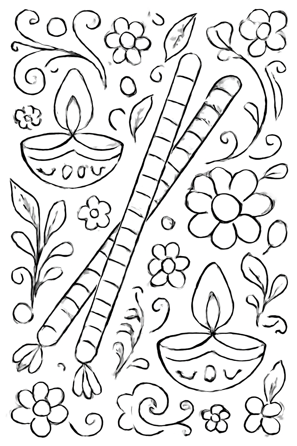 Free printable decorative Navratri dandiya sticks lamps and floral patterns coloring page
