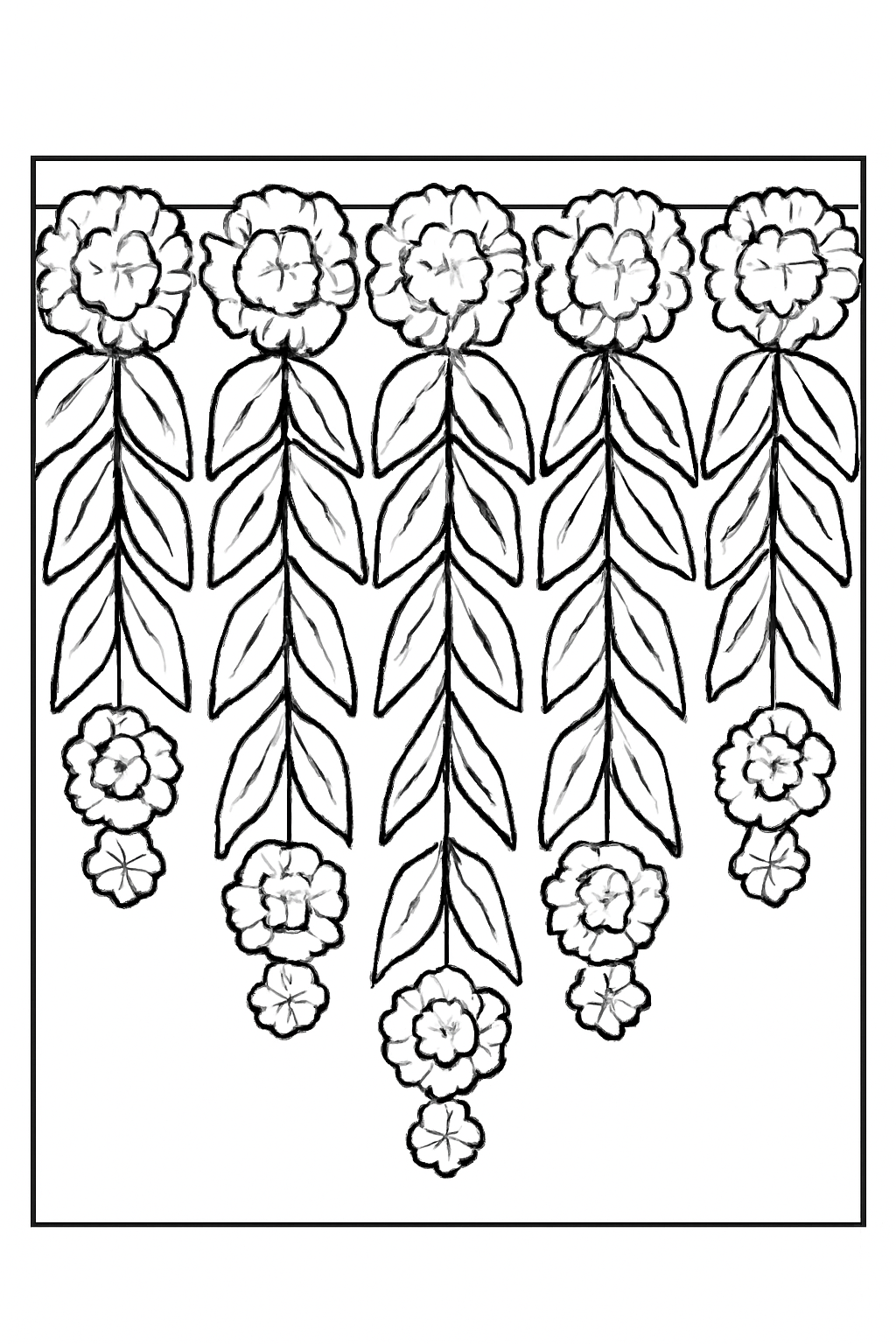 Free printable marigold and mango leaf toran for a Navratri doorway coloring page for kids