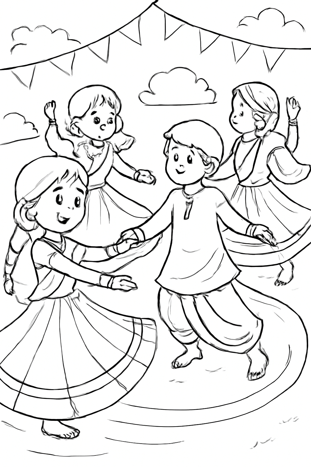 Free printable spinning skirts in a garba circle for Navratri coloring page for kids