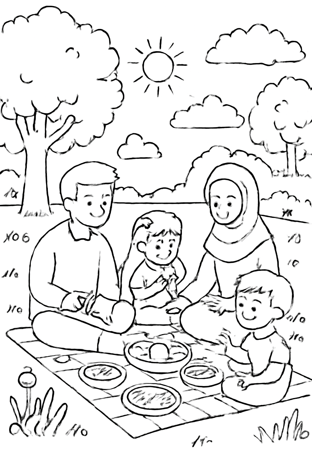 Free printable family picnic in a green park for Nowruz sizdeh bedar coloring page for kids