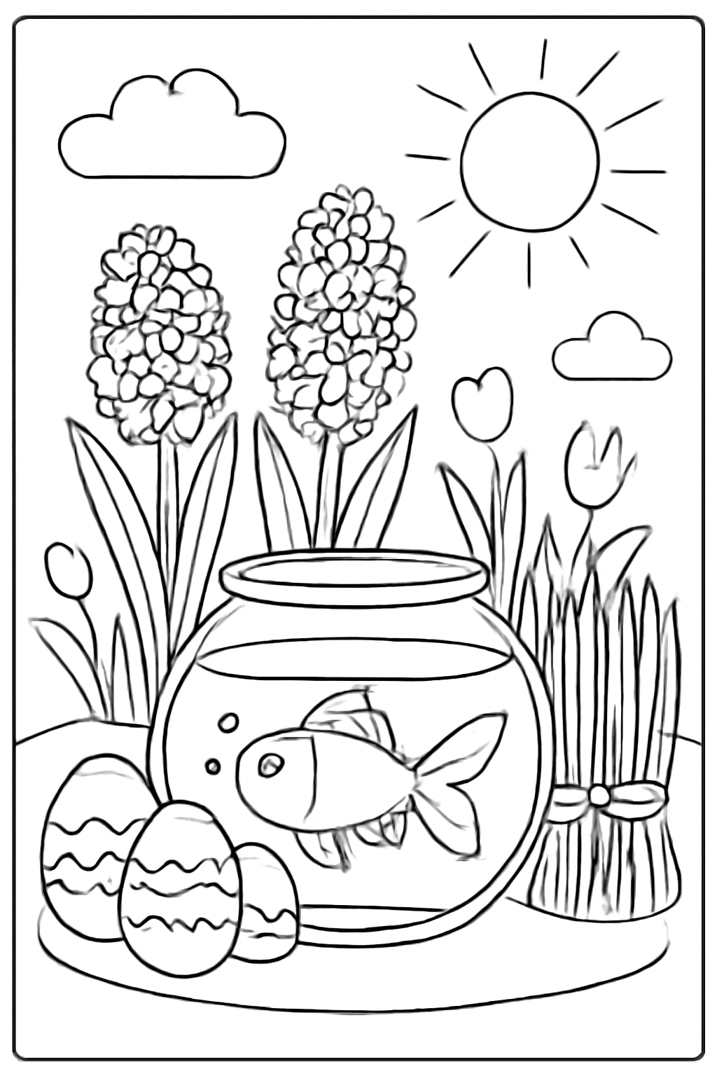 Free printable Nowruz spring scene with hyacinths goldfish bowl and decorated eggs coloring page