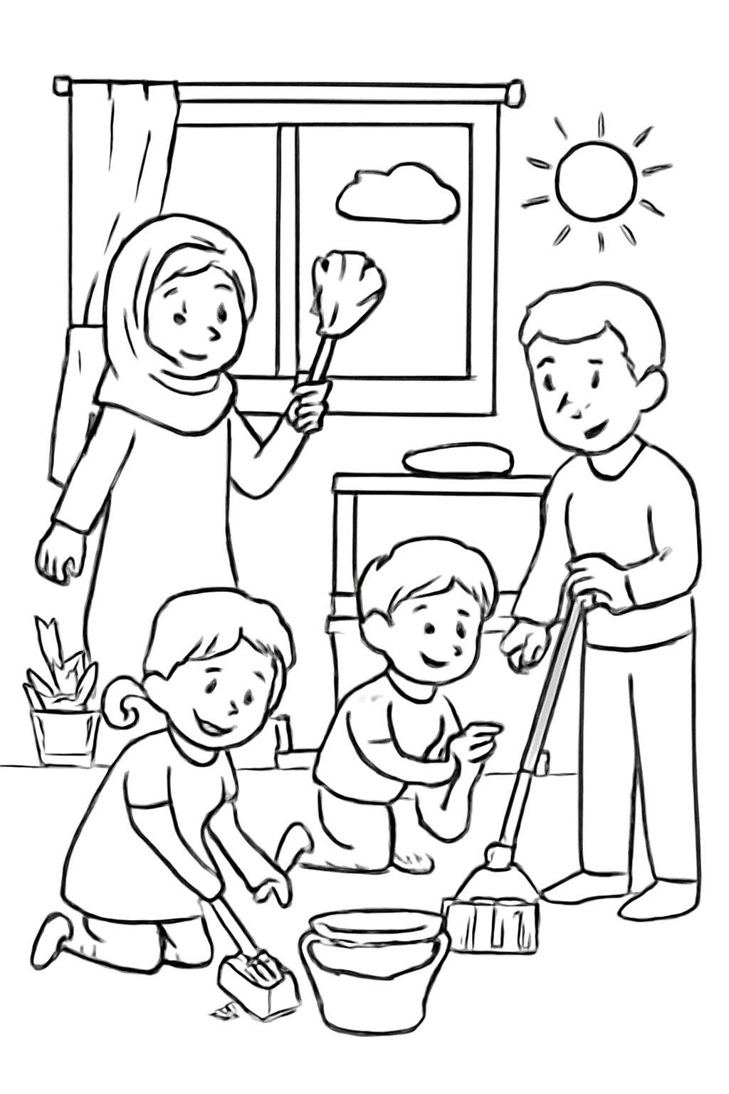 Free printable spring cleaning with the family before Nowruz coloring page for kids