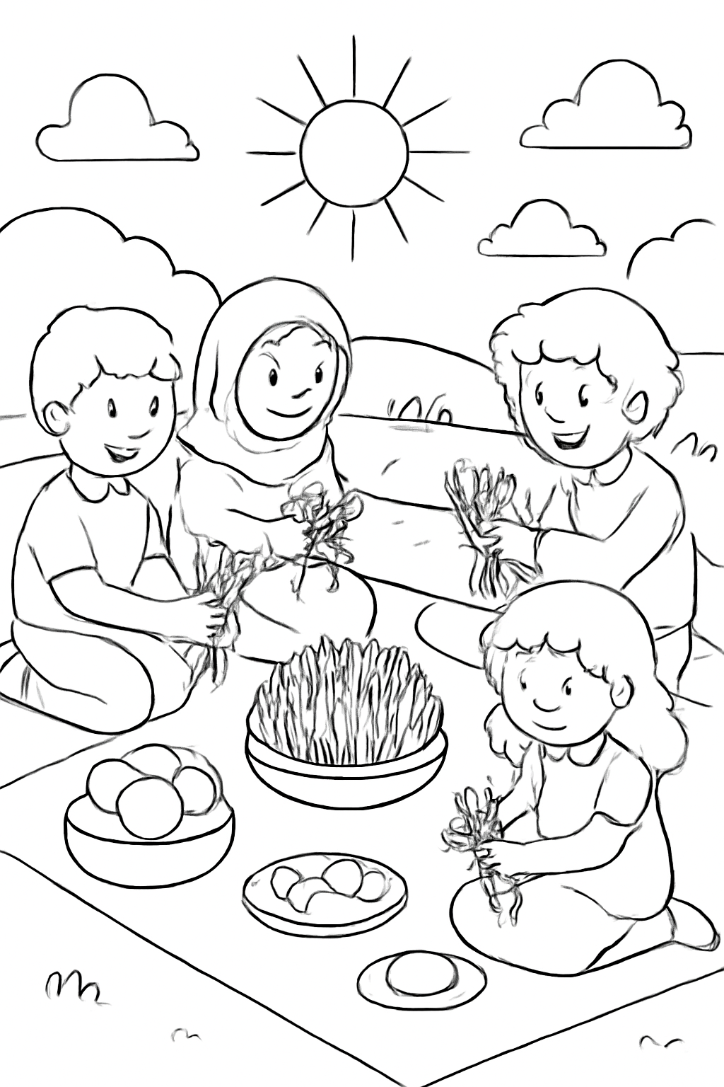 Free printable children knotting sabzeh grass at a Nowruz picnic coloring page for kids