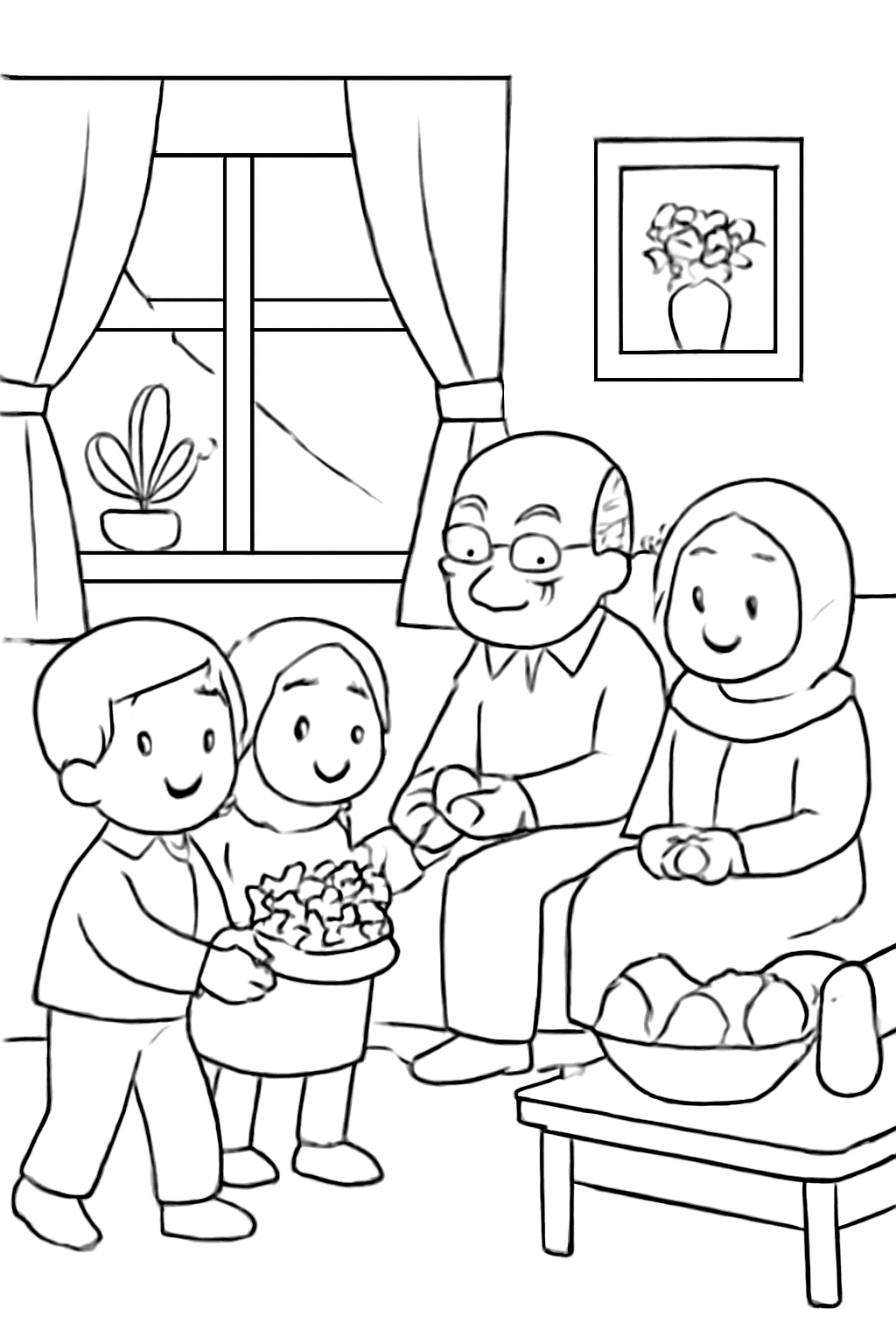 Free printable children visiting grandparents for Nowruz coloring page for kids