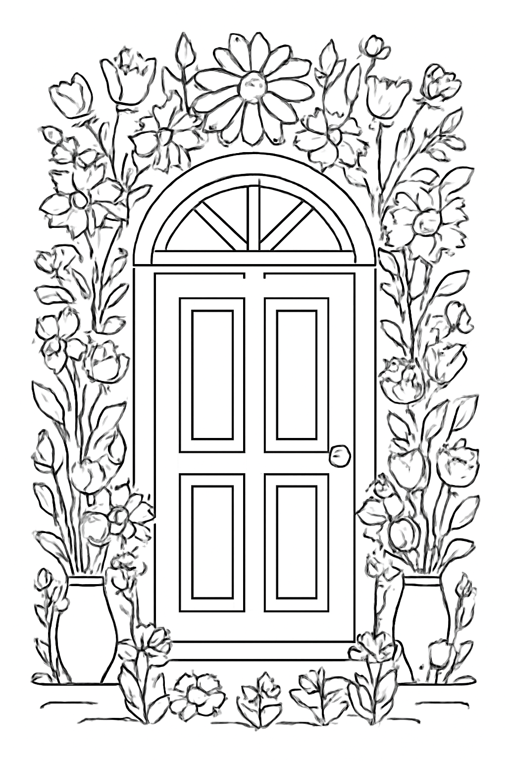 Free printable Nowruz doorway decorated with spring flowers coloring page for kids