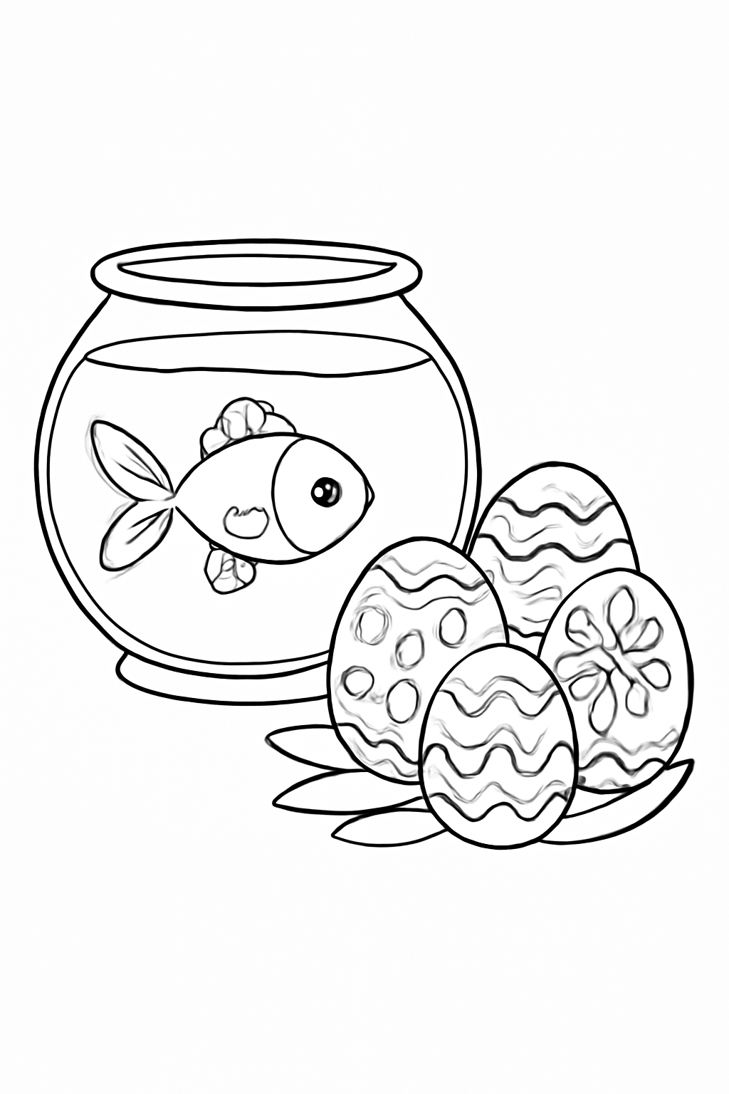 Free printable goldfish bowl beside painted eggs for Nowruz coloring page for kids