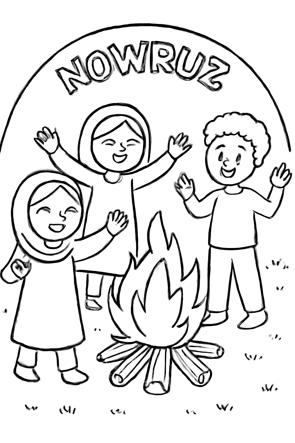 Free printable children celebrating around a small Nowruz bonfire coloring page for kids