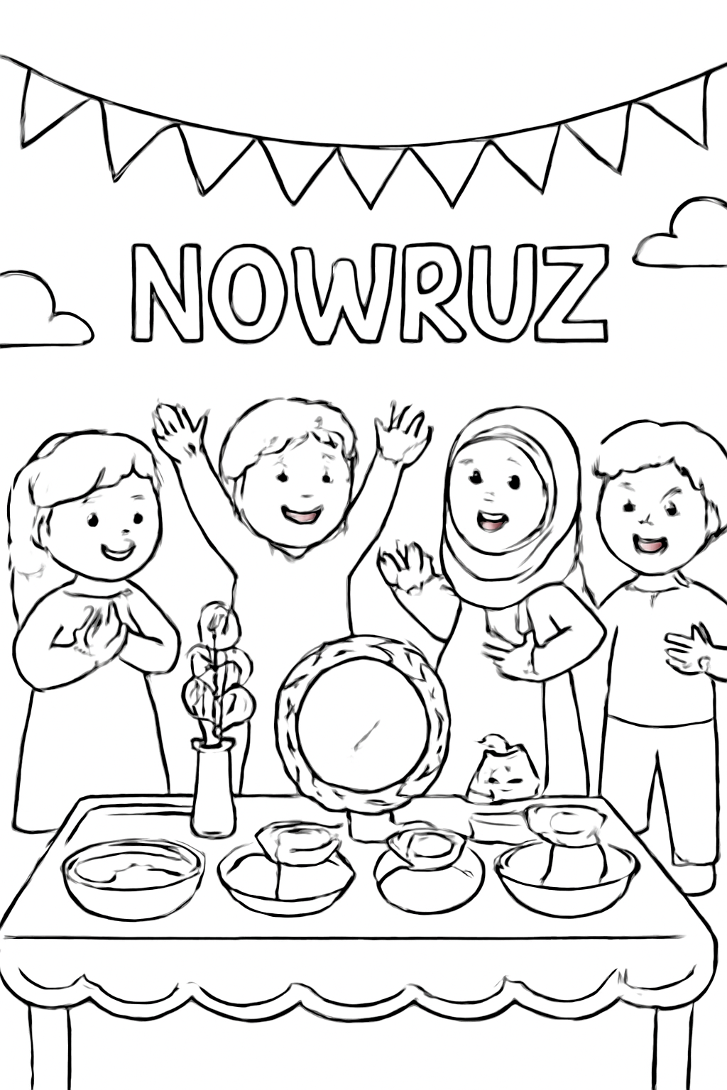 Free printable children celebrating Nowruz beside a festive haft-sin display coloring page