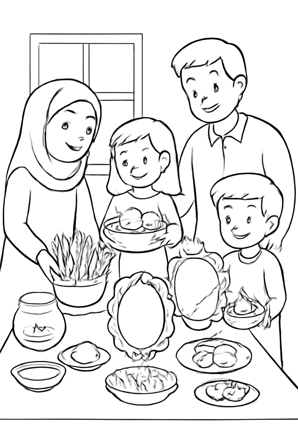 Free printable family preparing a Nowruz haft-sin table coloring page