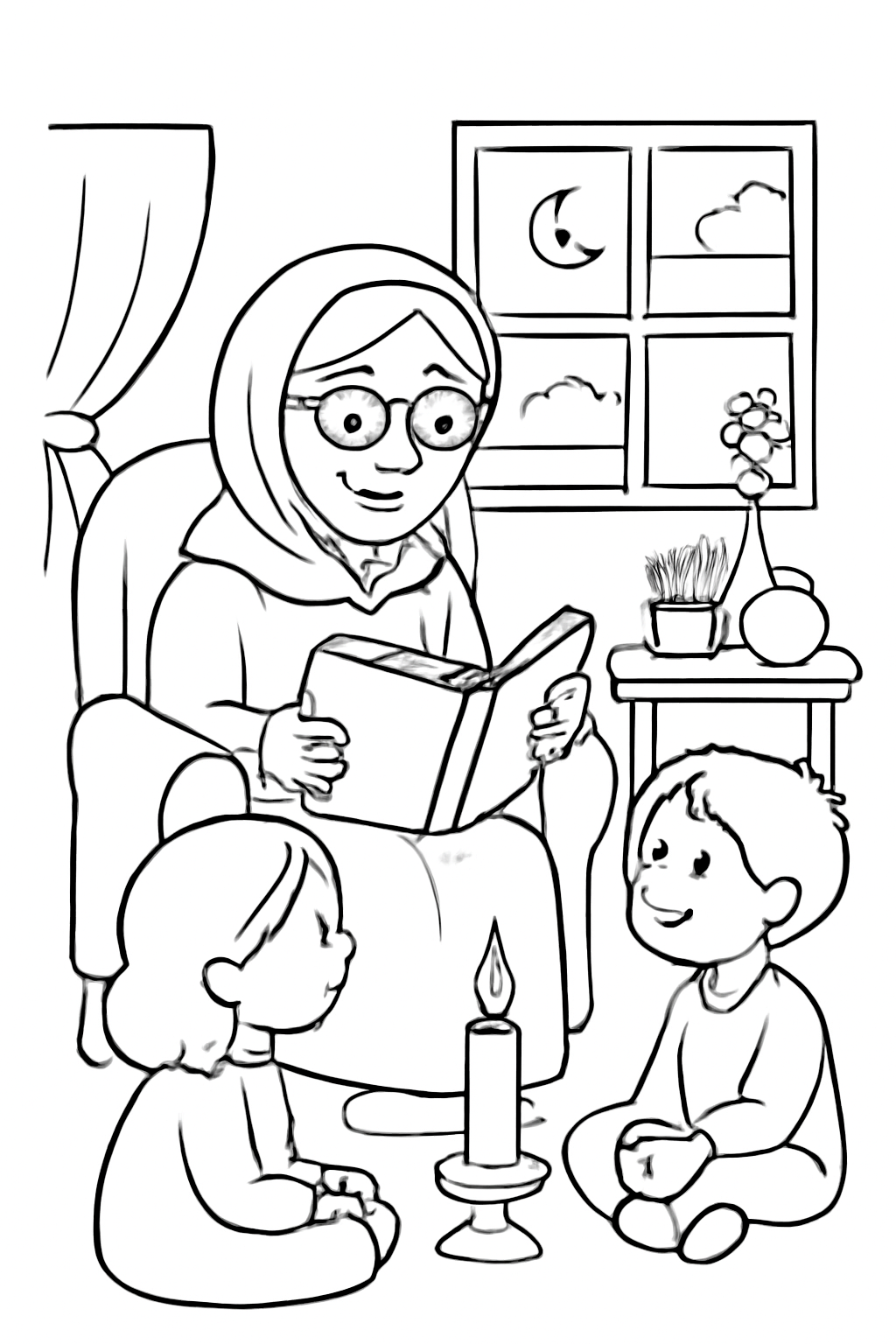 Free printable grandmother telling Nowruz stories by candlelight coloring page for kids