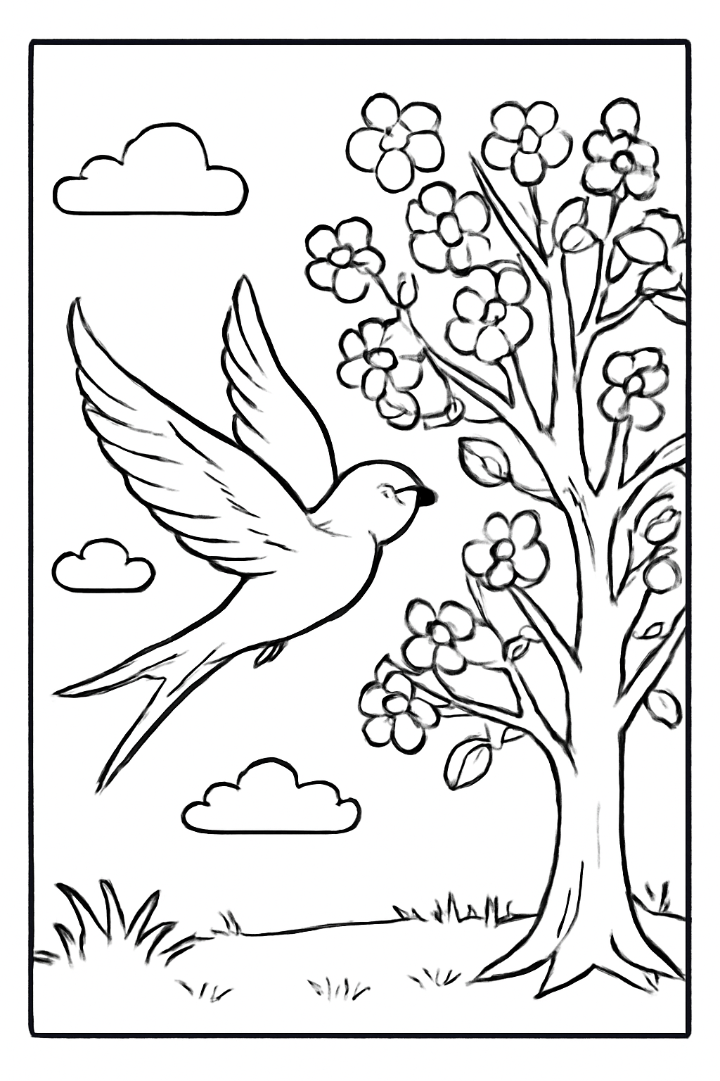 Free printable swallow returning to a blossoming tree for Nowruz coloring page for kids