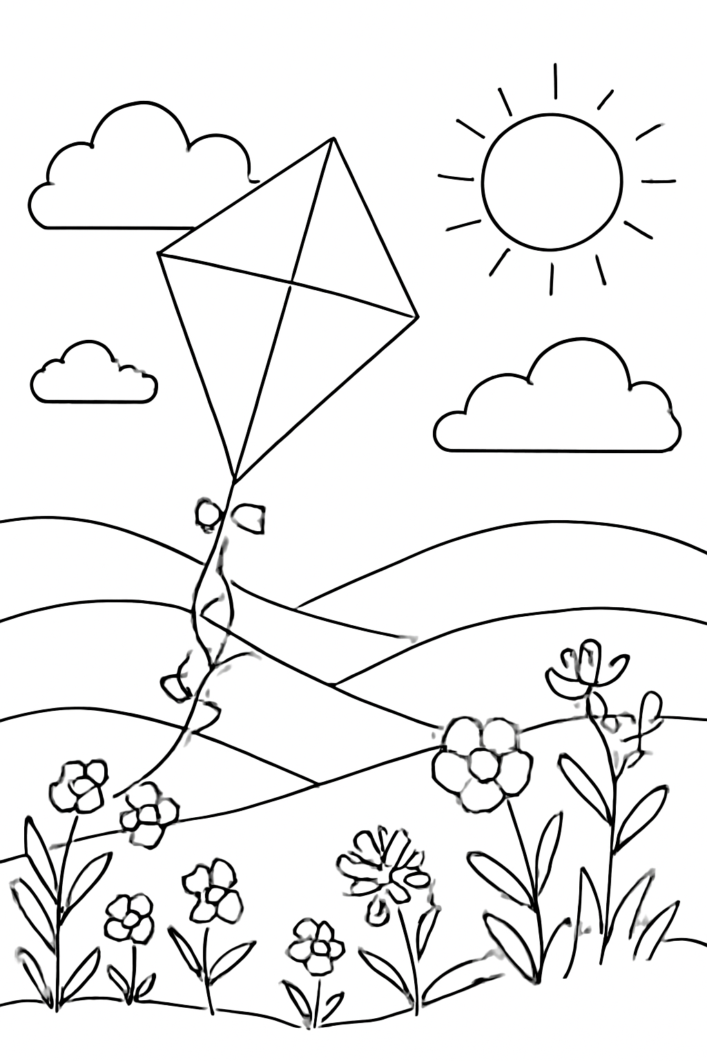 Free printable kite flying over spring hills for Nowruz coloring page for kids