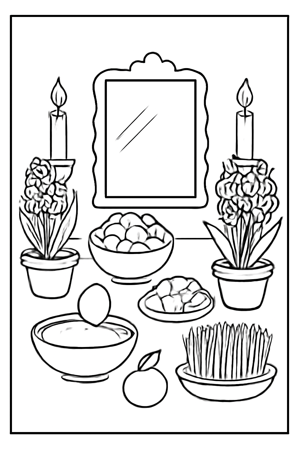Free printable Nowruz table with mirror candles and hyacinths coloring page for kids