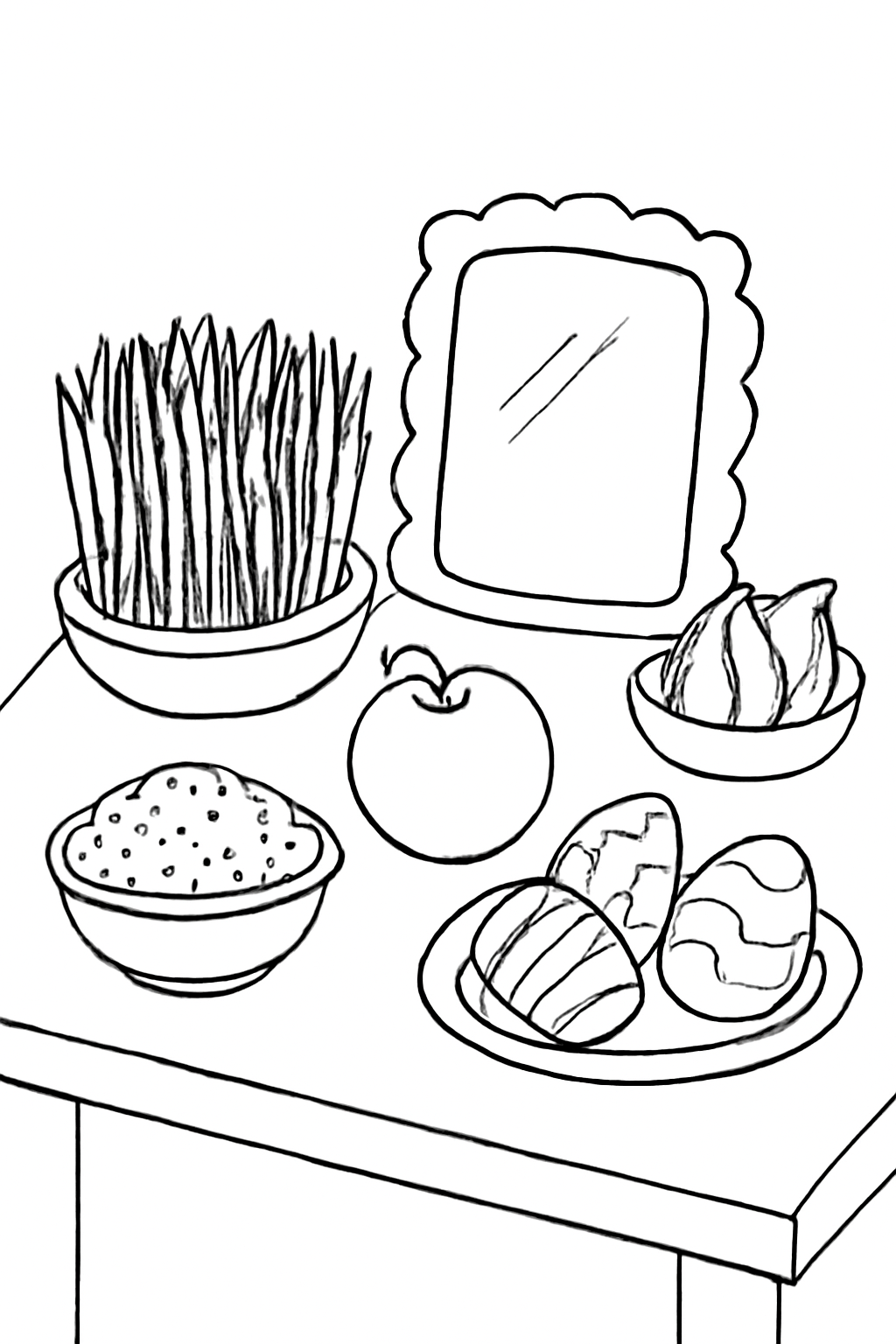 Free printable Nowruz haft-sin table with sprouts apples garlic mirror and painted eggs coloring page