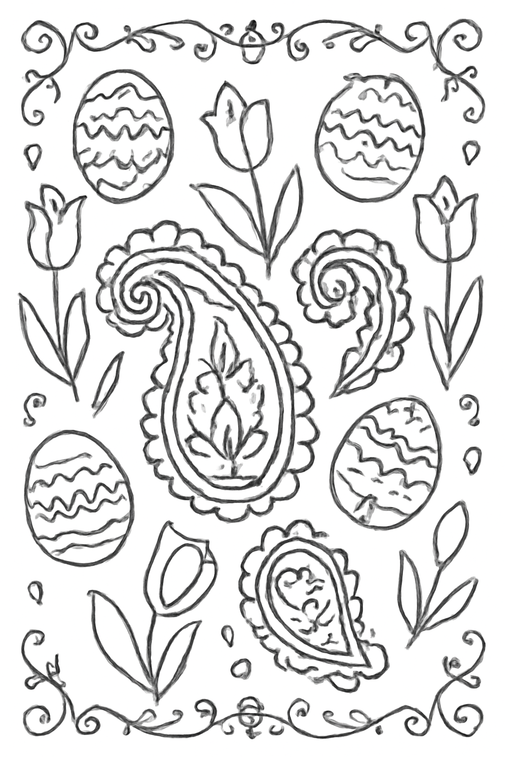 Free printable Nowruz pattern of paisleys tulips and eggs coloring page for kids