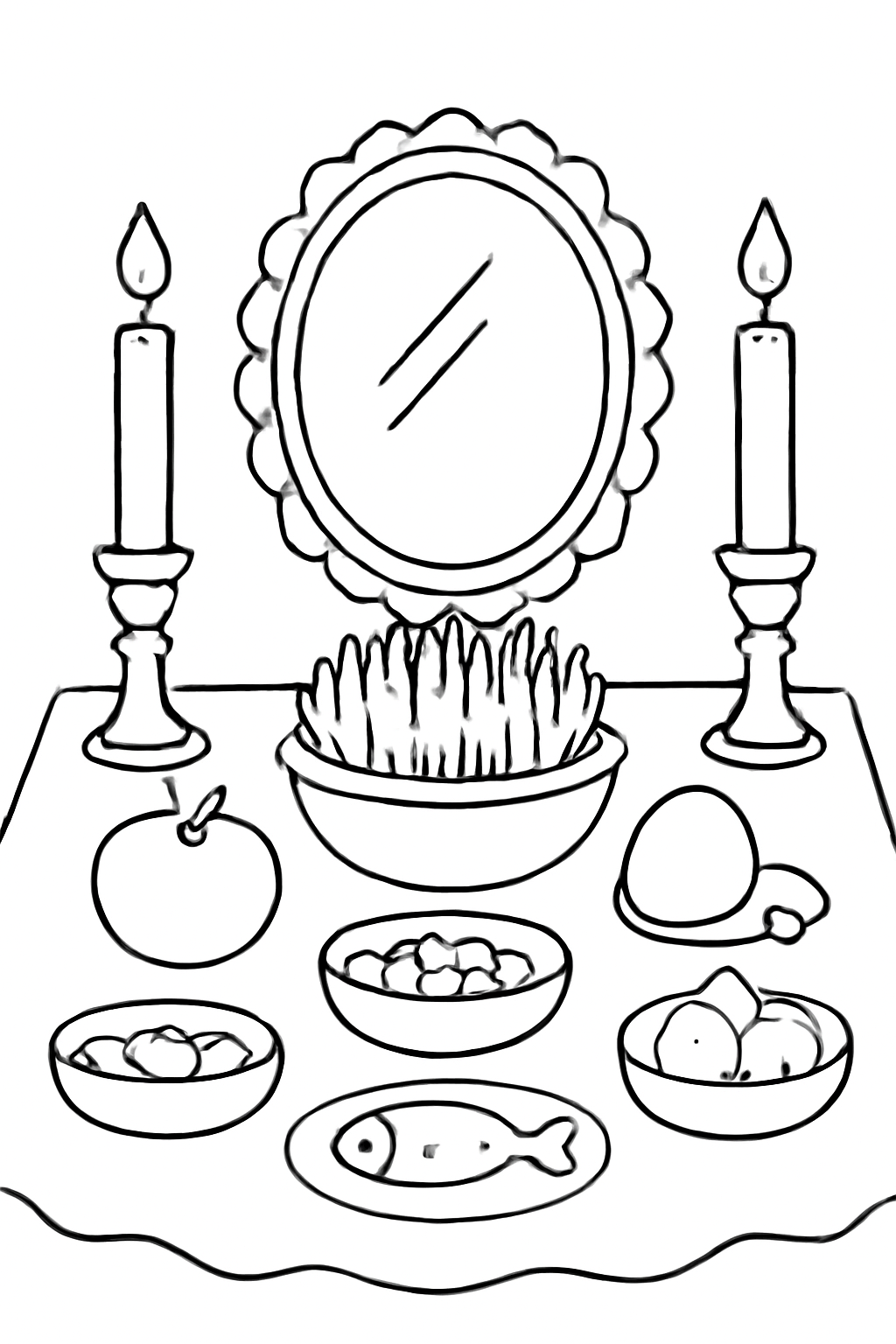 Free printable Nowruz haft-sin table with mirror and candles coloring page for kids