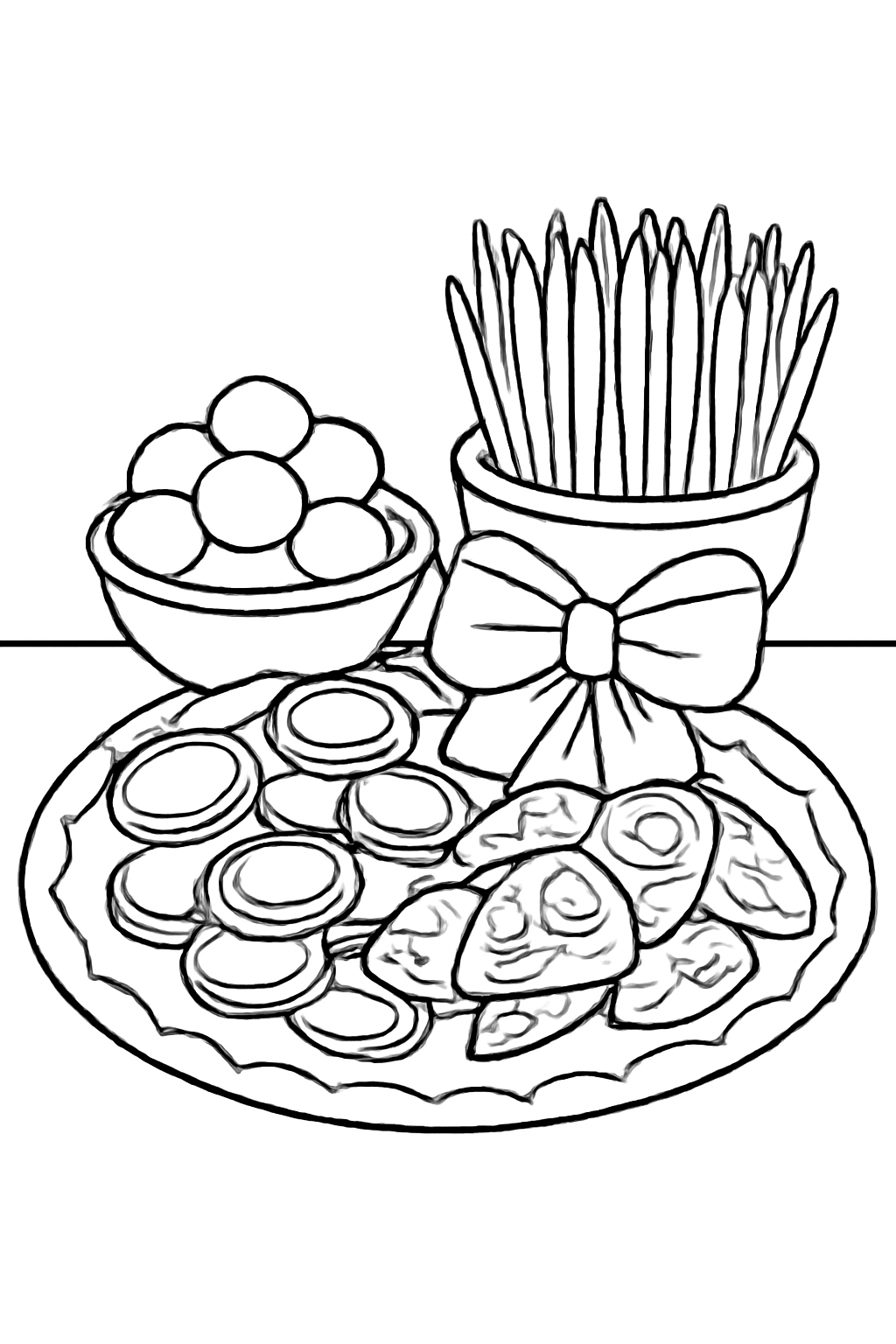 Free printable Nowruz tray of gift coins and sweets coloring page for kids
