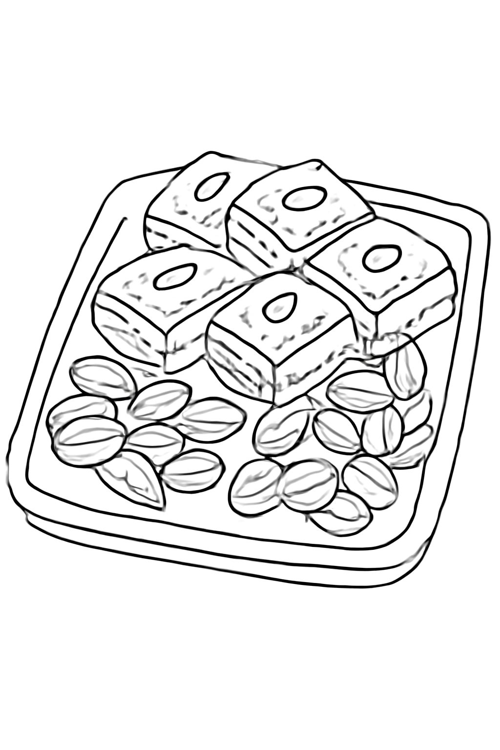 Free printable Nowruz sweets baklava and nuts on a tray coloring page for kids