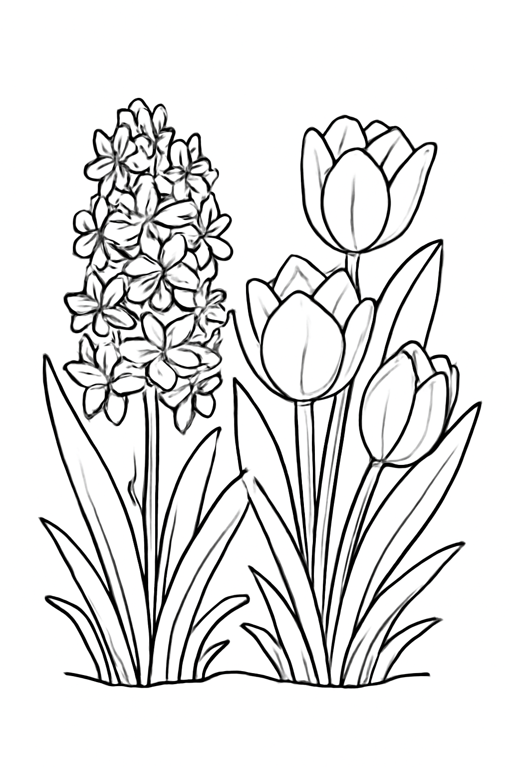 Free printable hyacinth flowers and tulips for Nowruz coloring page for kids