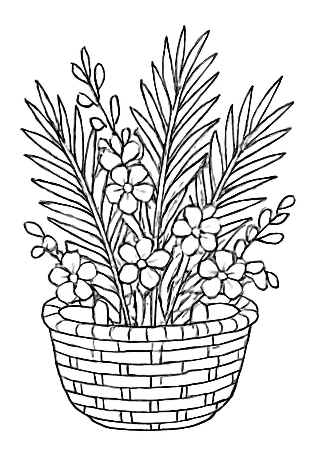 Free printable Palm Sunday basket of palm fronds and spring blossoms coloring page for kids