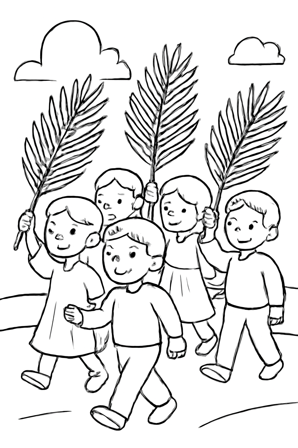 Free printable children carrying palm branches during a Palm Sunday procession without sacred figures coloring page
