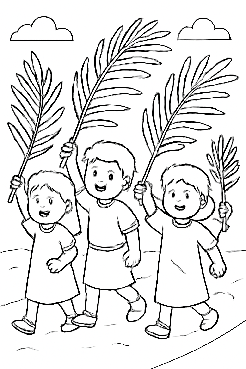 Free printable children waving palm branches in a Palm Sunday parade coloring page for kids
