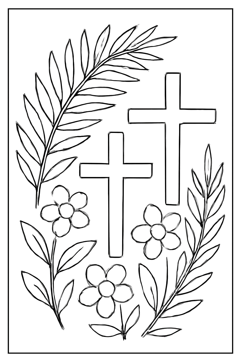 Free printable Palm Sunday palm branches crosses and spring flowers arranged respectfully coloring page