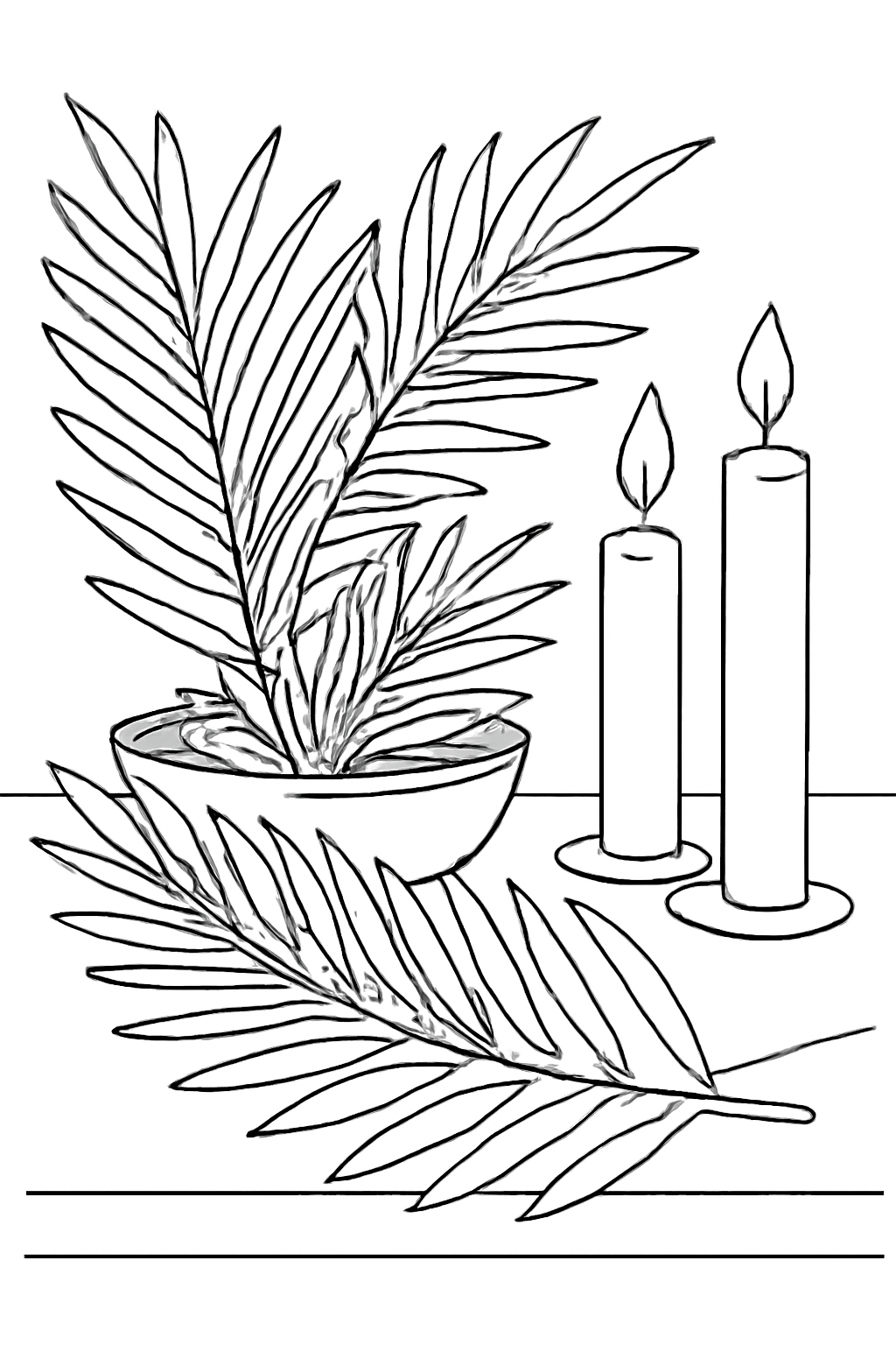 Free printable palm fronds and candles arranged on a Palm Sunday table coloring page for kids