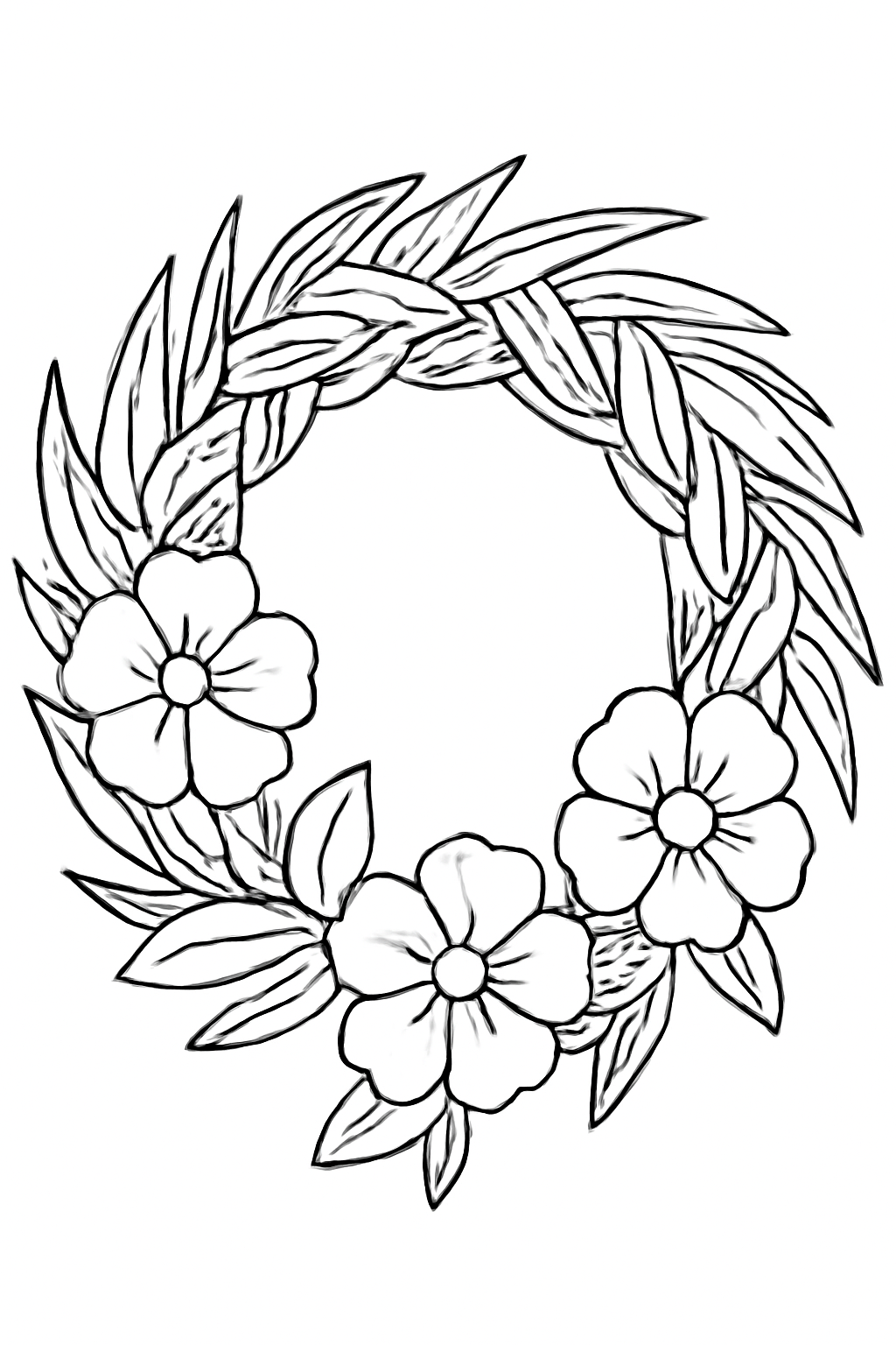 Free printable Palm Sunday wreath of woven palm fronds and flowers coloring page for kids