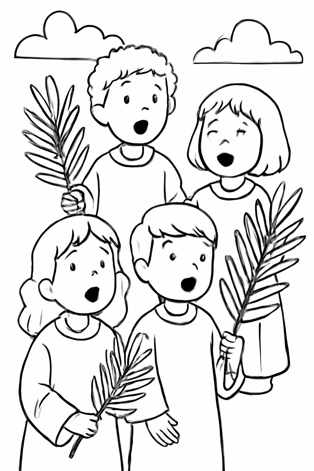 Free printable choir children singing with palm fronds on Palm Sunday coloring page for kids