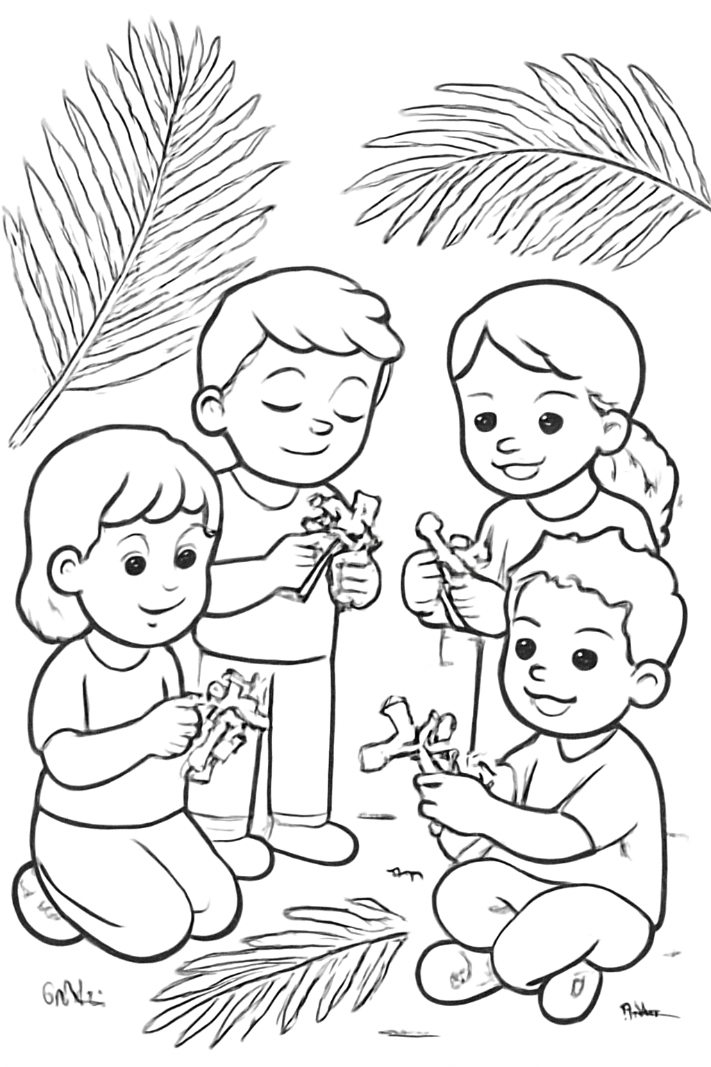 Free printable children weaving small crosses from palm leaves for Palm Sunday coloring page for kids