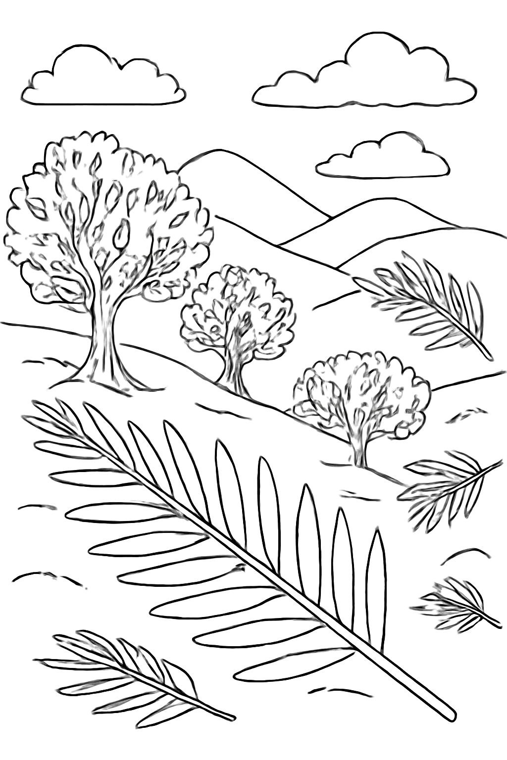 Free printable Palm Sunday hillside with olive trees and palm branches coloring page for kids