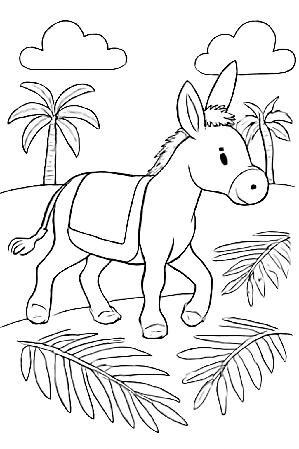 Free printable donkey with a soft blanket walking a path of palm leaves for Palm Sunday coloring page for kids