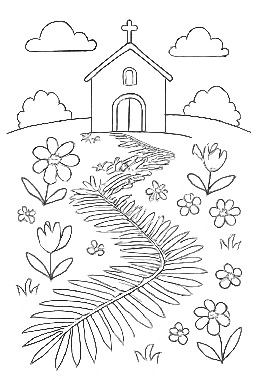 Free printable Palm Sunday path of palm leaves and spring flowers to a chapel coloring page for kids