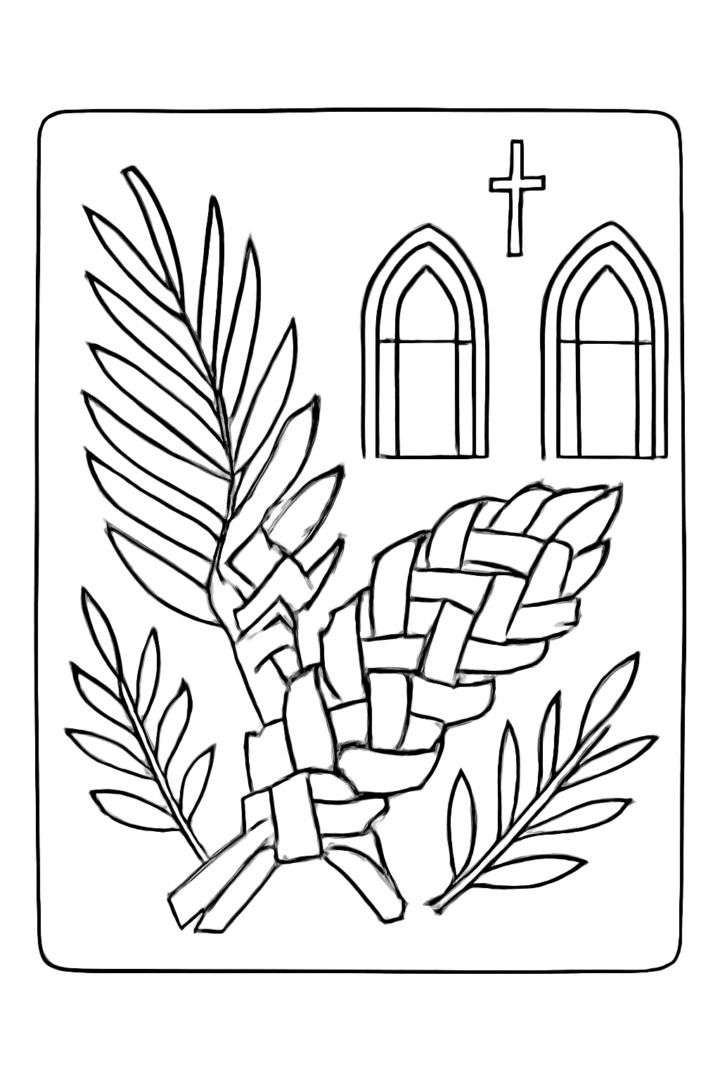 Free printable woven palm fronds and church windows for Palm Sunday coloring page