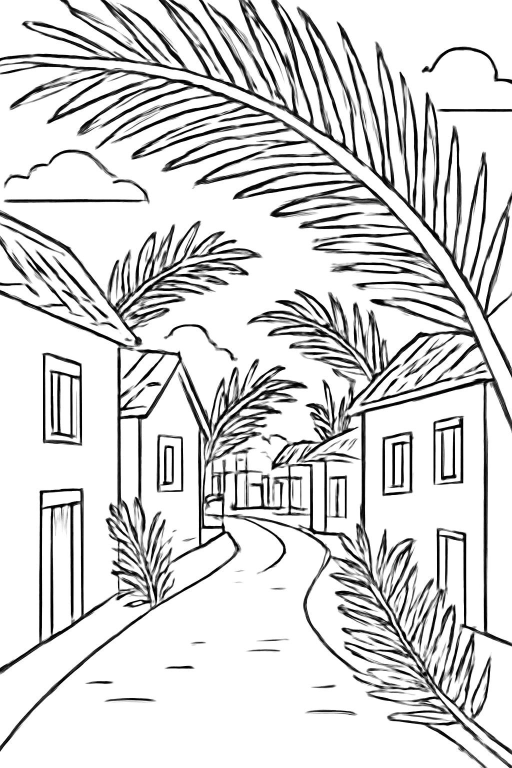 Free printable village lane decorated with palm branches for Palm Sunday coloring page for kids