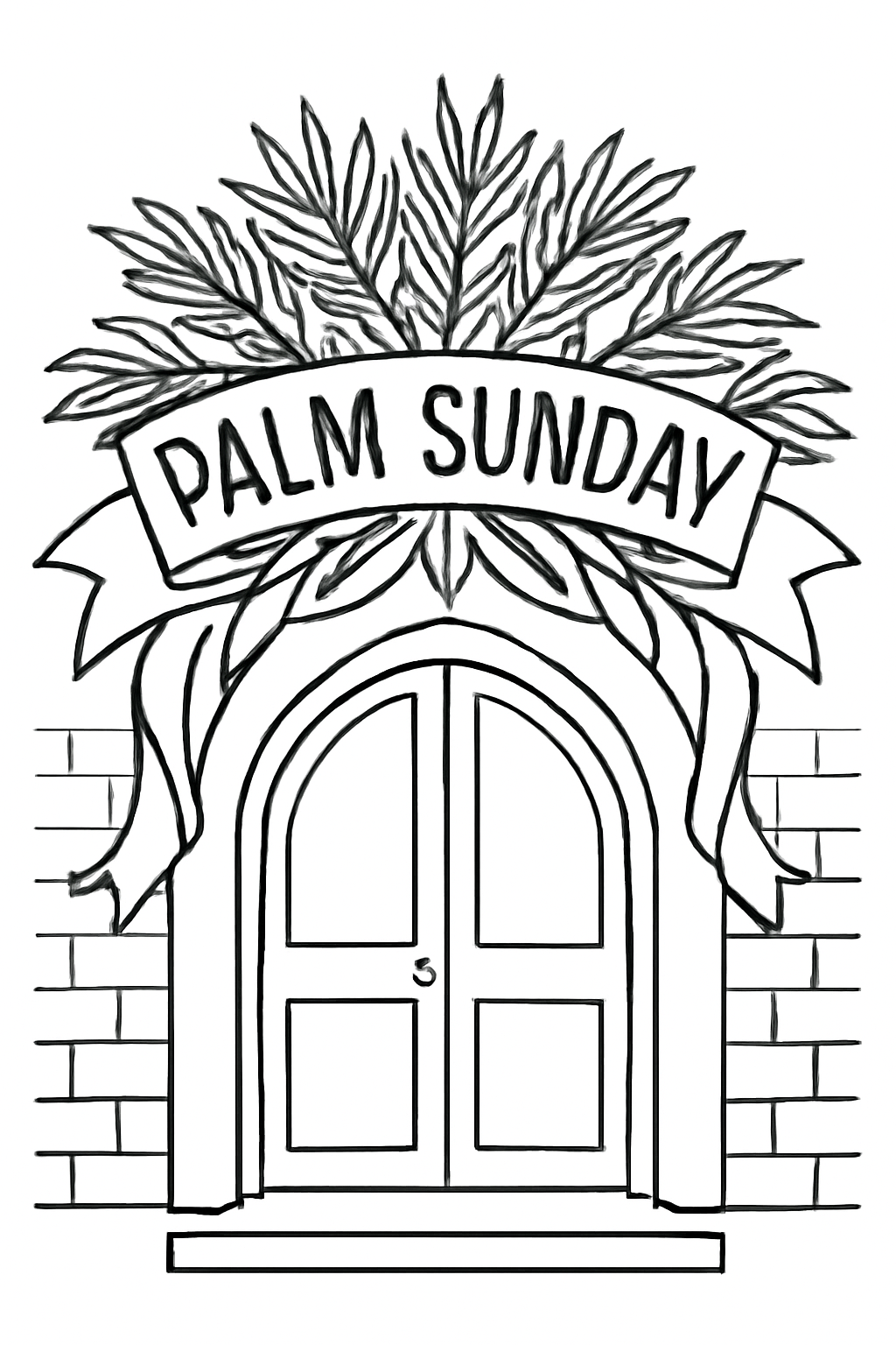Free printable Palm Sunday banner of palm leaves and ribbons over a church door coloring page for kids